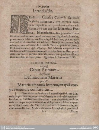 Hujusq Caput Primum Explicans Definitionem Materiae qua est Materia est causa interna, ex qua corpus naturale constituitur.