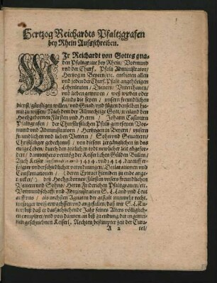 Hertzog Reichardts Pfaltzgrafen bey Rhein Ausschreiben.