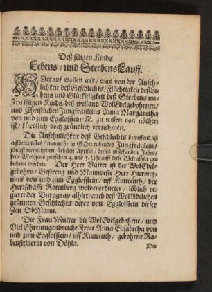 Deß seligen Kinds Lebens- und SterbensLauff.