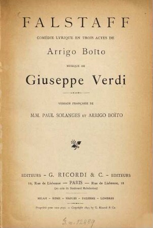 Falstaff : Comédie lyrique en trois actes de Arrigo Boïto. Musique de Giuseppe Verdi. Version française de Paul Solanges et Arrigo Boïto