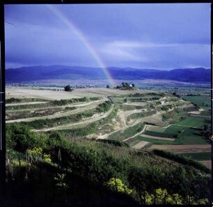 Tuniberg: Blick vom Tuniberg über den Kapellenhügel zum Schwarzwald, mit Regenbogen