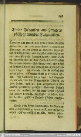 Einige Gedanken aus Lavaters phisiognomischen Fragmenten