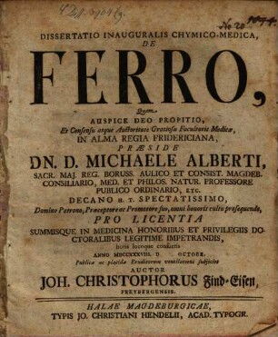 Dissertatio Inauguralis Chymico-Medica, De Ferro