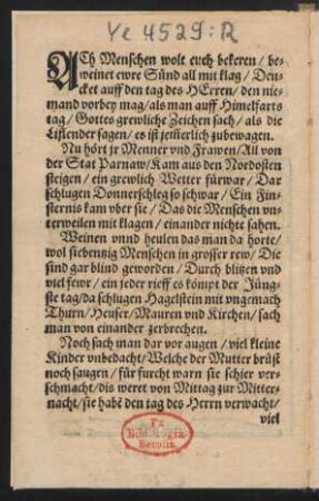 ACh Menschen wolt euch bekeren/ be=||weinet ewre Sünd all mit klag/