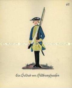 Uniformdarstellung, Infanterist, Fürstentum Sachsen-Hildburghausen, 1760/1761. Kopie der Originaltafel 62 aus Becher: Wahrhaftige Nachrichten.