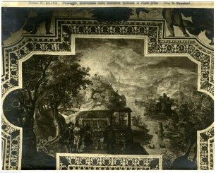 Deckendekoration mit Tugendfiguren, Sibyllen und Landschaften, Landschaften mit Bezügen zur Bibliothek, Landschaft mit lesenden Männern vor der Loggia eines Belvedere