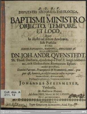 Disputatio historico-theologica de baptismi ministro objecto tempore et loco