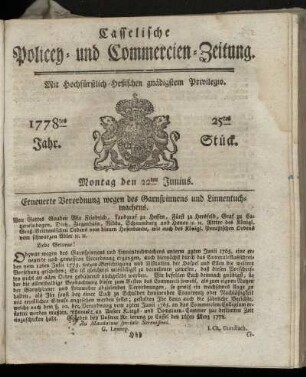25tes Stueck, Montag den 22ten Junius. 1778