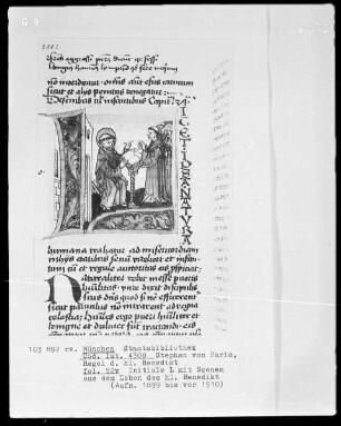 Stephan von Paris, Auslegung der Regel des heiligen Benedikt — Initiale L (icet), darin Mönche sich bei Benedikt beschweren, Folio 52verso