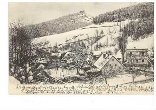 Ober-Hermsdorf im Riesengebirge mit der Burg Kynast im Winter