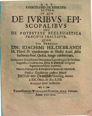 D. B. V. Exercitatio Theol. De Episcopis. 2