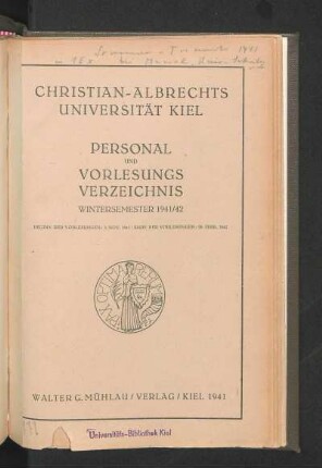 WS 1941/42: WS 1941/42 : Beginn Der Vorlesungen: 3. No. 1941 / Ende Der Vorlesungen: 28. Febr. 1942