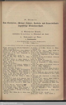 IV. Abschnitt. Dem Gelehrten-, ( Privat-) Lehrer-, Handels- und Gewerbestande angehörige Einwohnerschaft