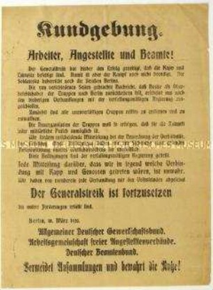 Aufruf der Gewerkschaftsverbände zur Weiterführung des Generalstreiks im Zuge des Lüttwitz-Kapp-Putsches