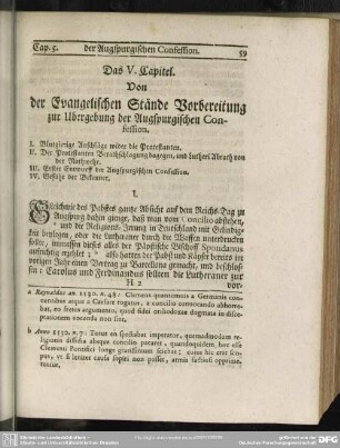 Das V. Capitel. Von der Evangelischen Stände Vorbereitung zur Ubergebung der Augspurgischen Confession