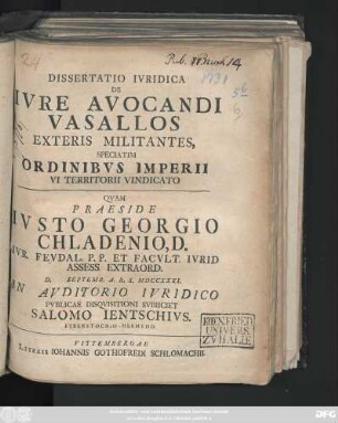 Dissertatio Ivridica De Ivre Avocandi Vasallos Exteris Militantes, Speciatim Ordinibvs Imperii Vi Territorii Vindicato