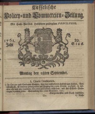 39. Stueck, Montag den 28ten September 1761