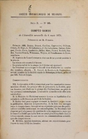 Compte rendu de l'assemblée mensuelle du Société Entomologique de Belgique. 8/20. 1875