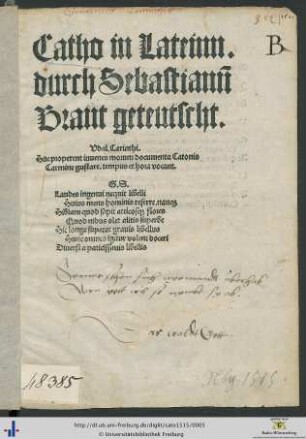 Catho in Lateinn. durch Sebastianum Brant geteutsch