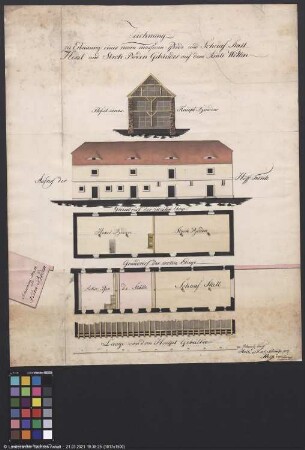 Zeichnung des neu zu erbauenden Pferde- und Schafstallgebäudes auf dem Amt Wettin