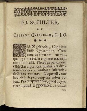 Jo. Schilter. S. D. Caspari Questelio, U.J.C.