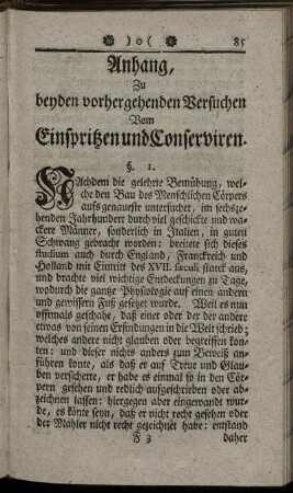 Anhang, Zu beyden vorhergehenden Versuchen Vom Einspritzen und Conserviren.