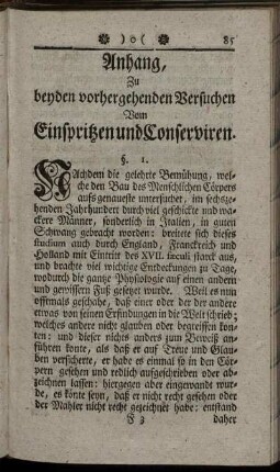 Anhang, Zu beyden vorhergehenden Versuchen Vom Einspritzen und Conserviren.