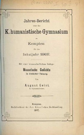 Jahresbericht über das Humanistische Gymnasium Kempten : für das Schuljahr ... 1896/97