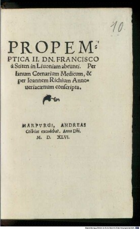 Propemptica II. Dn. Francisce a Stiten in Livoniam abeunti