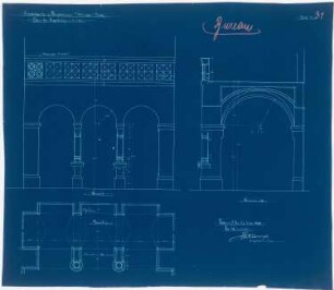 Herz Jesu Kloster, Fünfbrunnen (Cinqfontaines): Orgelbühne, Ansicht, Grundriss und Schnitt 1:20 der Klosterkapelle