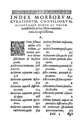 Index Morborvm, Cvrationvm, Consiliorvm, Aliarvmqve Rervm Ac Vocvm notabilium in hoc libro contentorum, locupletissimus.