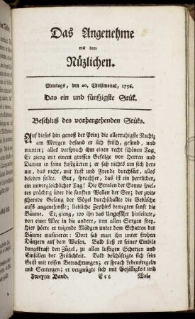 Das ein und fünfzigste Stück. Montags, den 20. Christmonat, 1756.