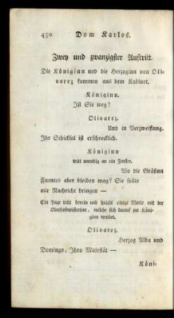 Zwey und zwanzigster Auftritt. Die Königinn und die Herzoginn von Olivarez kommen aus dem Kabinet