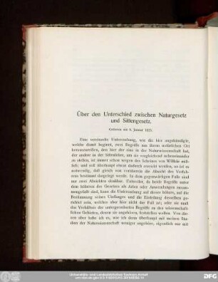 Über den Unterschied zwischen Naturgesetz und Sittengesetz. Gelesen am 6. Januar 1825.