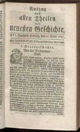 XVI. Nachlese. Coburg, den 21. April 1751.