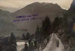 Merok/ Norwegen: Touristen auf dem Weg nach Merok, Blick über die Fjordlandschaft mit Victoria Luise in der Bucht