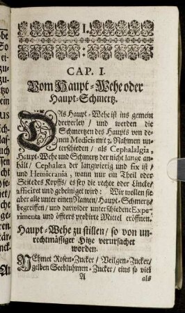 Cap. I. Vom Haupt-Wehe oder Haupt-Schmertz.