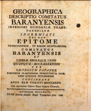 Geographica descriptio comitatus baranyensis