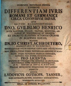 Dissertatio inauguralis iuridica exhibens differentiam iuris rom. et germ. circa connubium impar