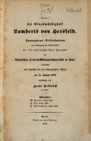 Ueber die Glaubwürdigkeit Lamberts von Hersfeld