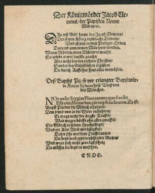 Deß Bapsts Pii/ so vor erlangter Bapstwürde Aeneas Sylvius hieß/ Verß von den Mönchen.