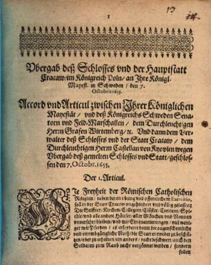 Ubergab deß Schlosses und der Hauptstatt Cracaw, im Königreich Poln, an Ihre Königl. Mayest. in Schweden, den 7. Octobris 1655.
