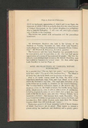 Some Recollections of Tasmania before Federation. By Lady Hamilton.
