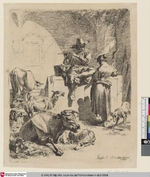 [Der Hirte auf dem Brunnen und die Spinnerin; The Shepherd seated on a fountain and the spinner; Le berger assis sur la fontaine]