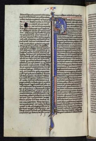Historisierte Initiale (Sprüche Salomonis): P(arabole Salomonis): Salomo züchtigt einen Kleriker. Zierstab mit Profilblattranken und Drachen als Ablaufmotiv.