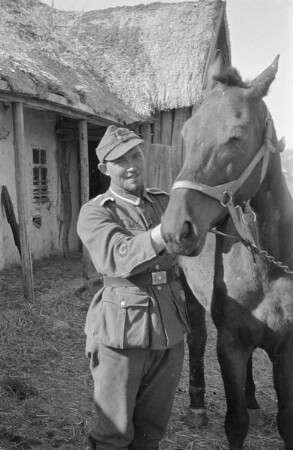 Zweiter Weltkrieg. Zur Einquartierung. Sowjetunion. Angehöriger der deutschen Wehrmacht mit einem Reitpferd