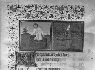 Stundenbuch Karls V. — Monatsblatt September mit Tierkreiszeichen Waage, Folio 201