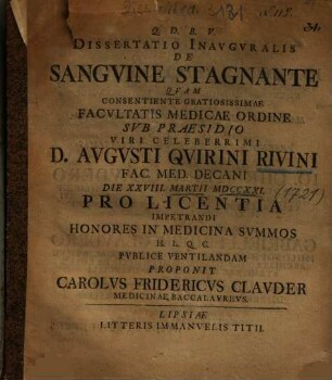 Dissertatio Inavgvralis De Sangvine Stagnante