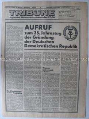 Tageszeitung des FDGB "Tribüne" mit dem Aufruf zum 35. Jahrestag der DDR