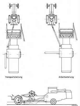 Gezogener Mähdrescher in Transport- und Arbeitsstellung